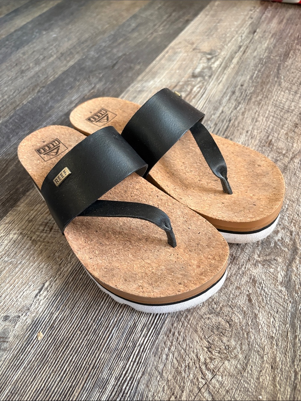 Reef Women’s Black Cork Footbed Thong Sandals with White Layered Sole